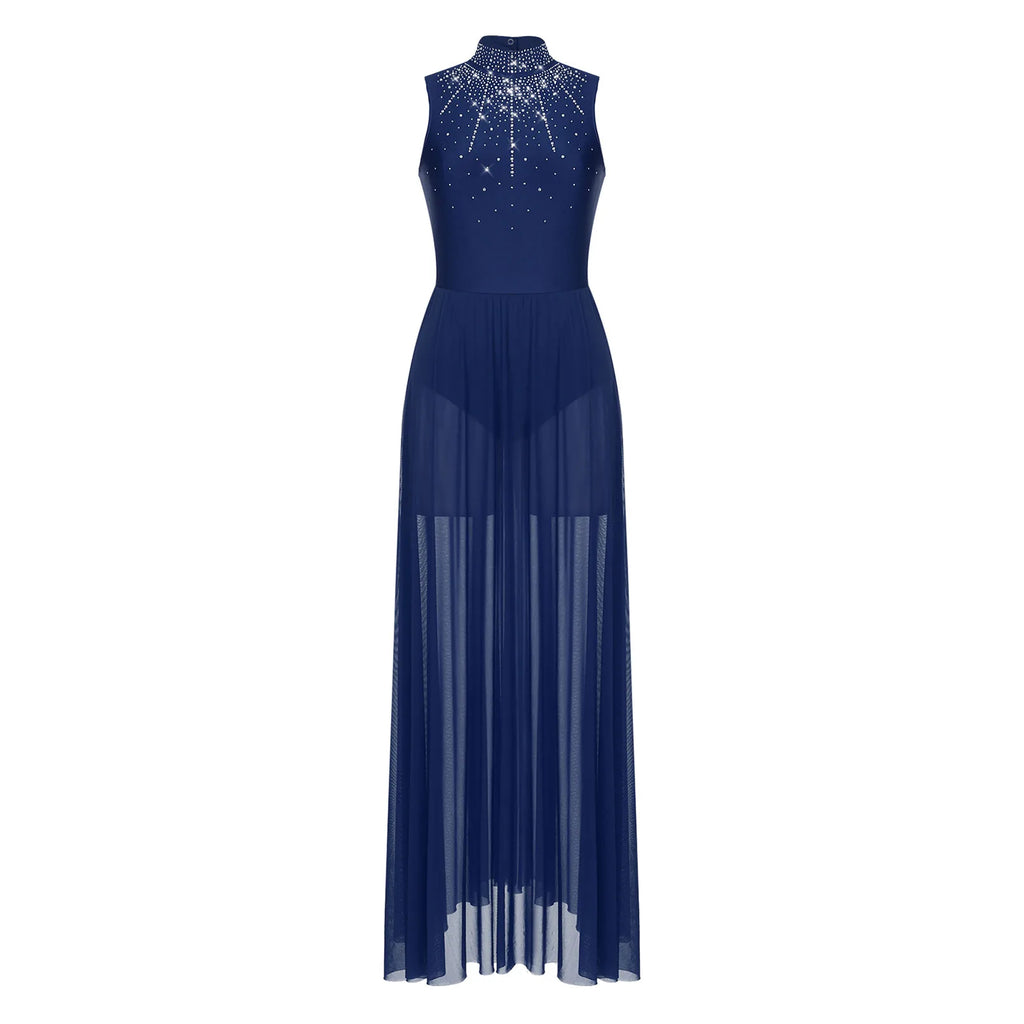 Womens Lyrical Dance Dresses Mock Neck Wide Hemline Shiny Rhinestones Maxi Dress Sleeveless Modern Contemporary Leotard Dresses