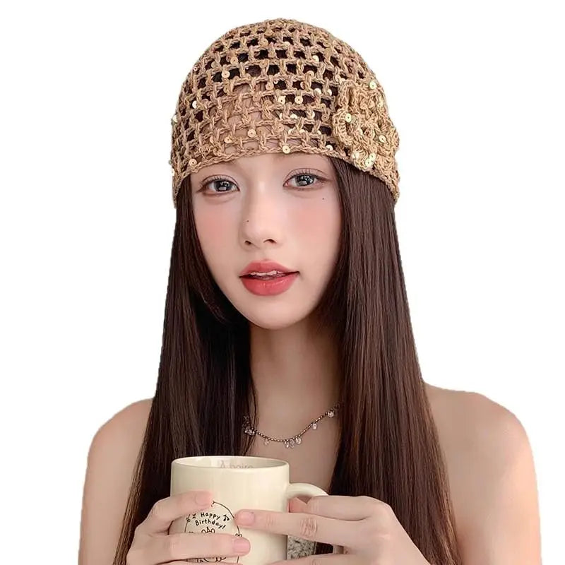 Vintage Chic Sequined Floral Cutout Beanie Ladies Spring Fall Leisure Travel Picturesque All-Around Casual Y2K Knit Beanies