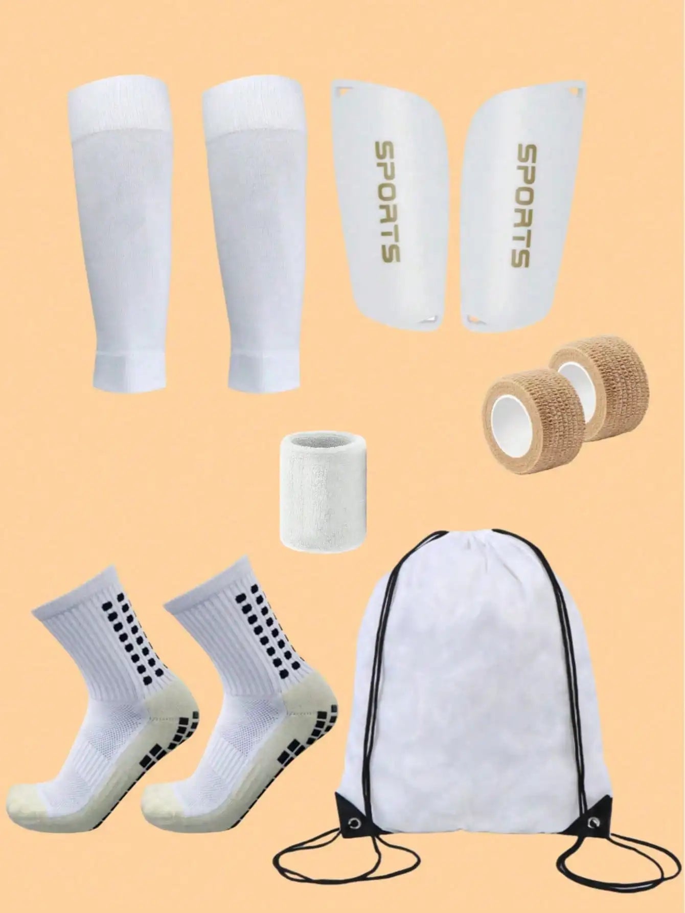 6-Piece Soccer Gear Set - Includes Grip Socks, Shin Guards, Protective Gear & Drawstring Bag with Fastening Straps & Sports Tape