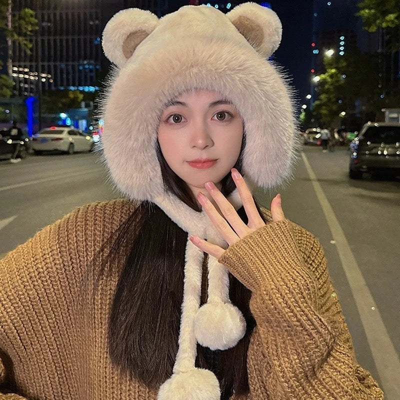 Cute Beanies Bear Ear Hat,Adorable Warm Plush Ear Protector Cap,Polyester Casual Elegant Knitted Head Caps for Autumn and Winter