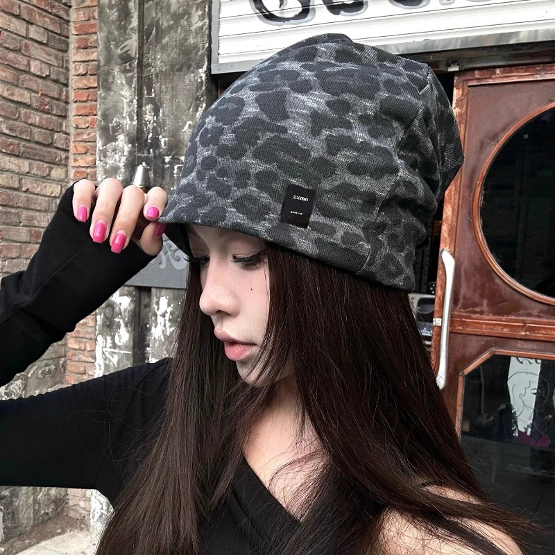 Y2K Retro Leopard Print Patch Beanies for Women Spring and Autumn Travel Casual Versatile Show Face Small Elegant Pullover Hat