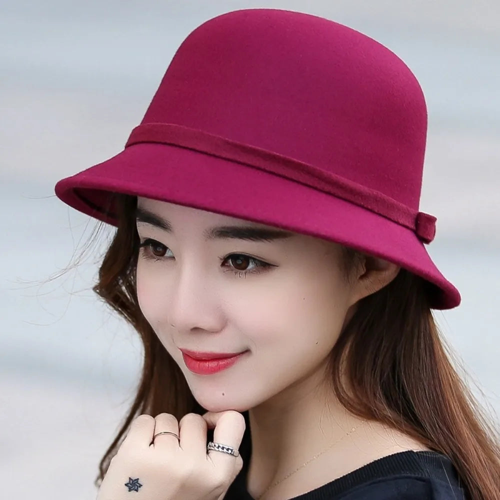 Brim Bowler Fedora Hats Elegant Women Vintage Retro Hat Wool Felt Bucket Cap Church Bowler Cloche Hats Autumn Winter Warm Hat