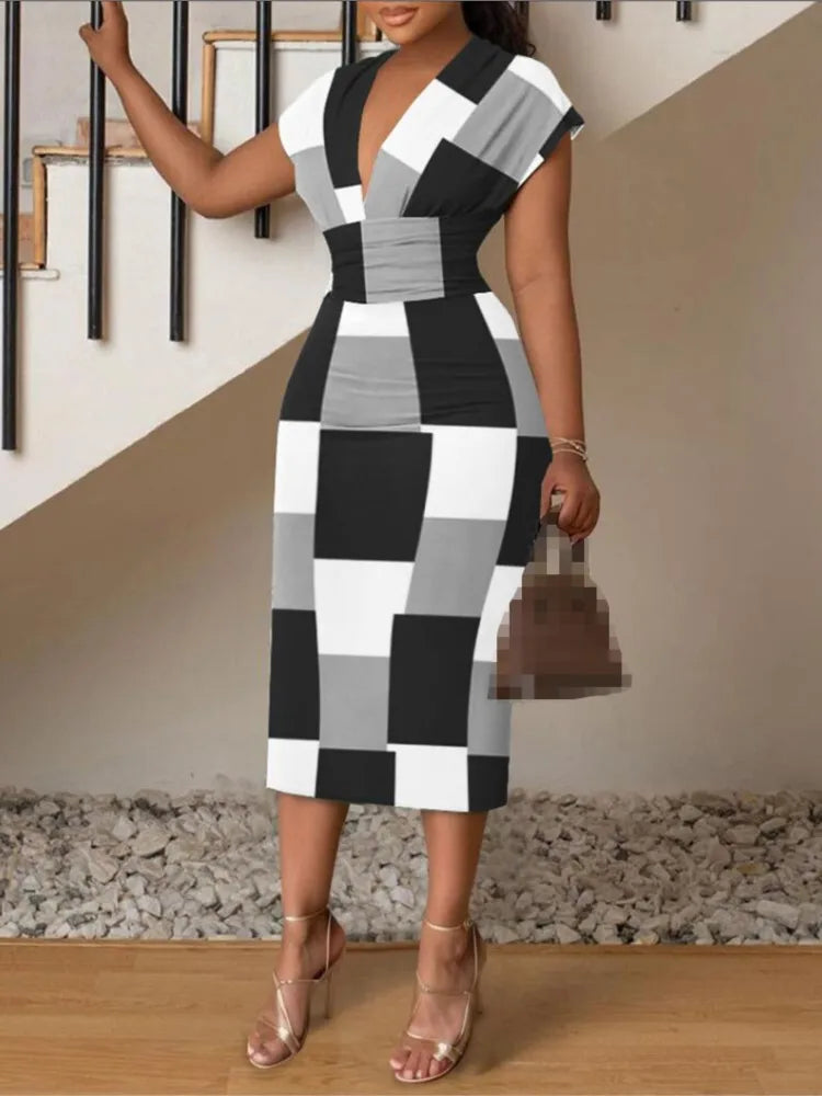 Dresses For Women Summer New V-neck Slim Hip-hugging Sexy Printed Women's Dress Office Mid-length Dress