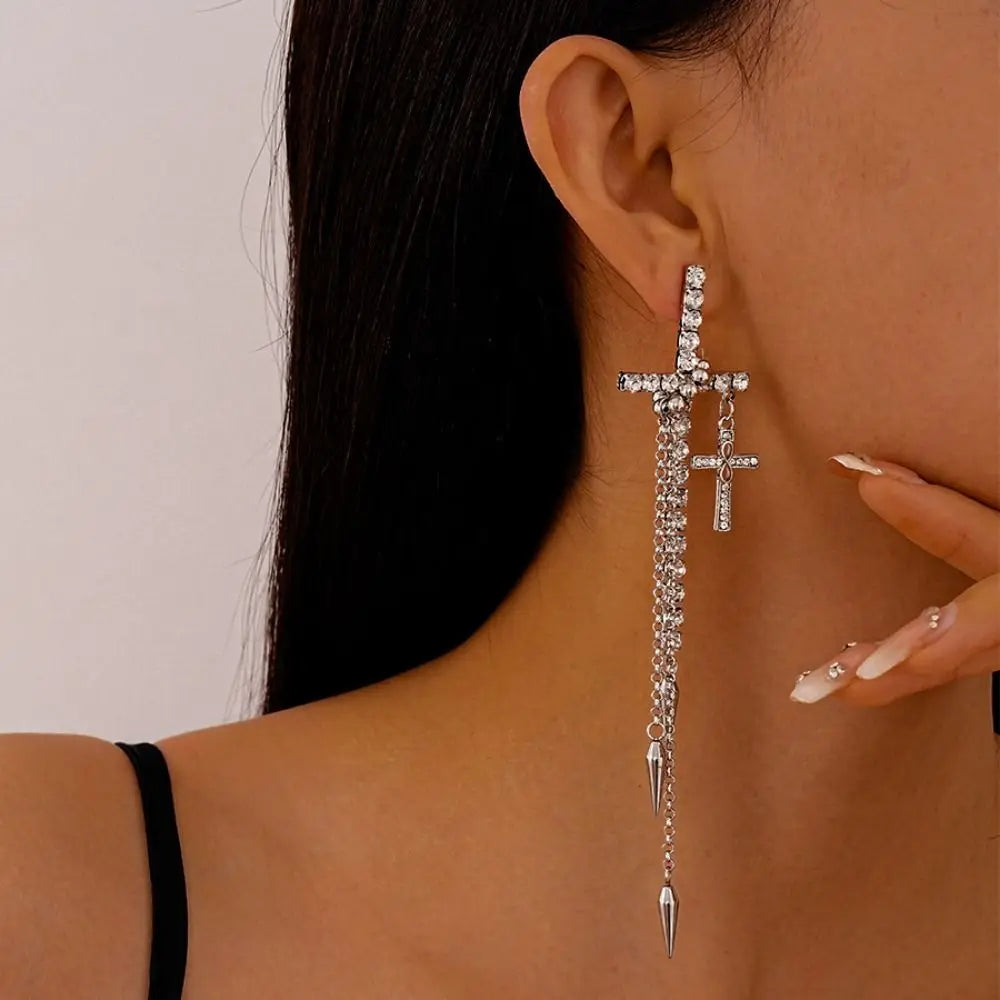 Inlaid Rhinestones Cross Earrings Exquisite Fashion Long Tassels Dangle Earrings Exaggerate Temperament Ear Stud Bridal
