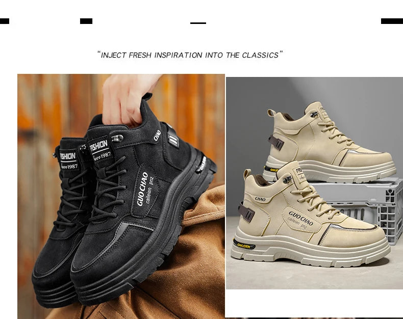 High Top Boots Four Season Outdoor Work Shoes Men's Anti Slip and Comfortable Black Boots Fashion British Casual Leather Boots