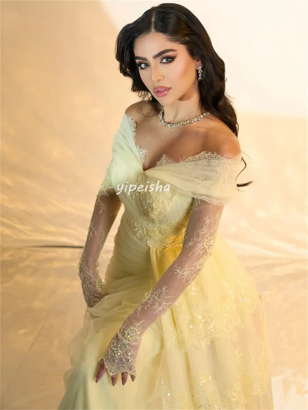 Customized Modern Style Intricate Lace Sequined Pleat Straight Off-the-shoulder Long Dresses Bespoke Occasion Dresses Fashion