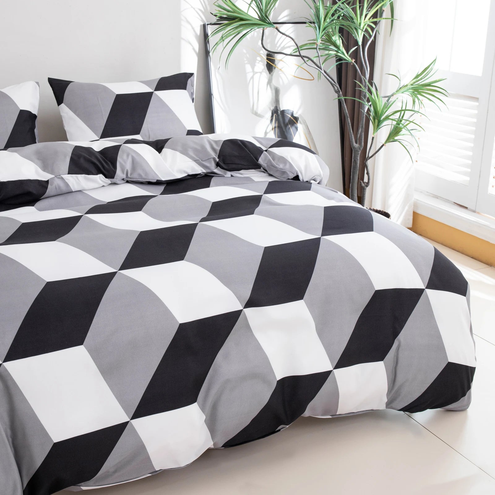 2 Pillowcases + 1 Duvet Cover, Polyester Geometric Print Black and White Diamond-Shaped Bedspread 3-Piece Set, Ultra-Soft and Comfortable Polyester Breathable Bedding Duvet Set, Suitable for Bedrooms and Guesthouses (Bedsprea