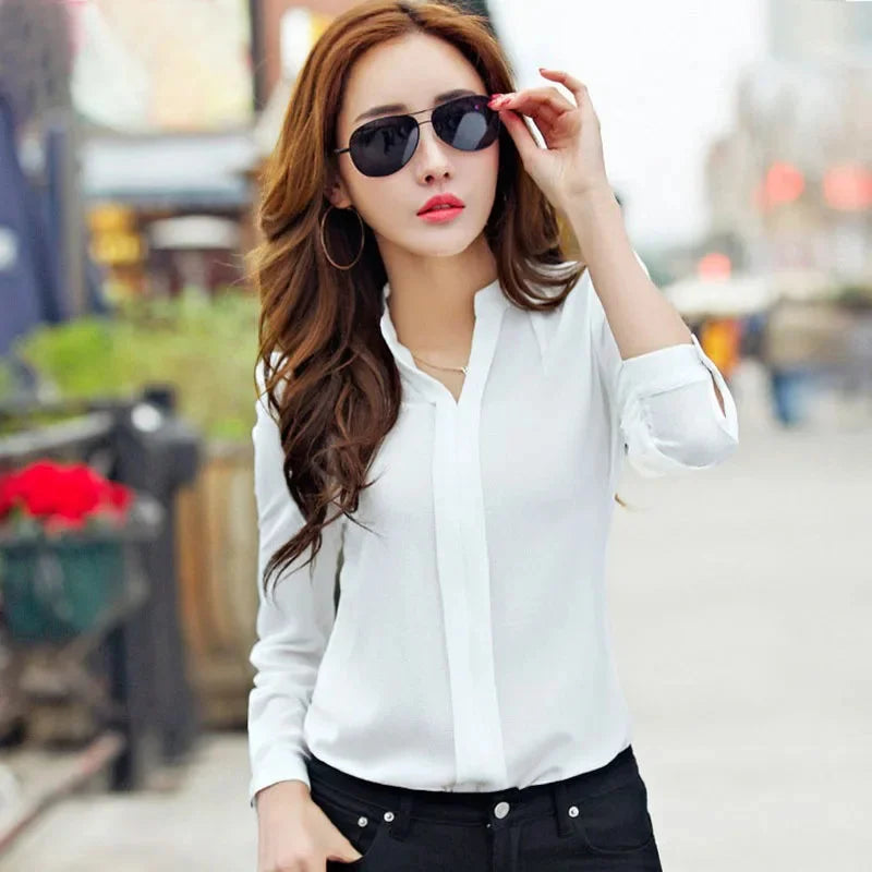 Long Sleeve Shirt Women Autumn Clothing Fashion Slim Blouse V Neck Korean Elegant Ladies Office Shirts White Red