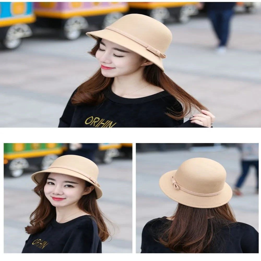 Brim Bowler Fedora Hats Elegant Women Vintage Retro Hat Wool Felt Bucket Cap Church Bowler Cloche Hats Autumn Winter Warm Hat