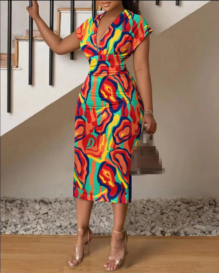 Dresses For Women Summer New V-neck Slim Hip-hugging Sexy Printed Women's Dress Office Mid-length Dress
