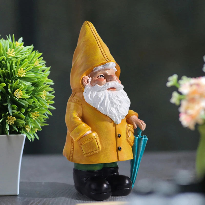 Garden Gnome Statue, Yellow Gnome with Umbrella, Outdoor Landscape Decoration, Garden, Courtyard, and Lawn Decor
