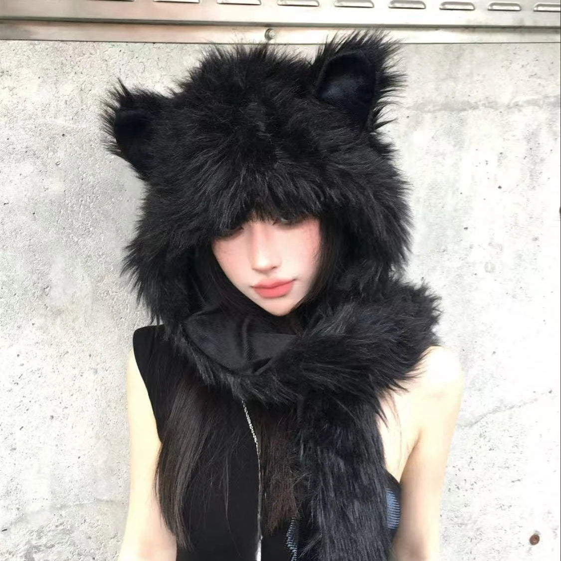 Japanese Kawaii Cute Fur Scarf Hat Winter Keep Warm Y2k Aesthetic Fashion Vintage Cap Bears Ears Women Hats Grunge Streetwear