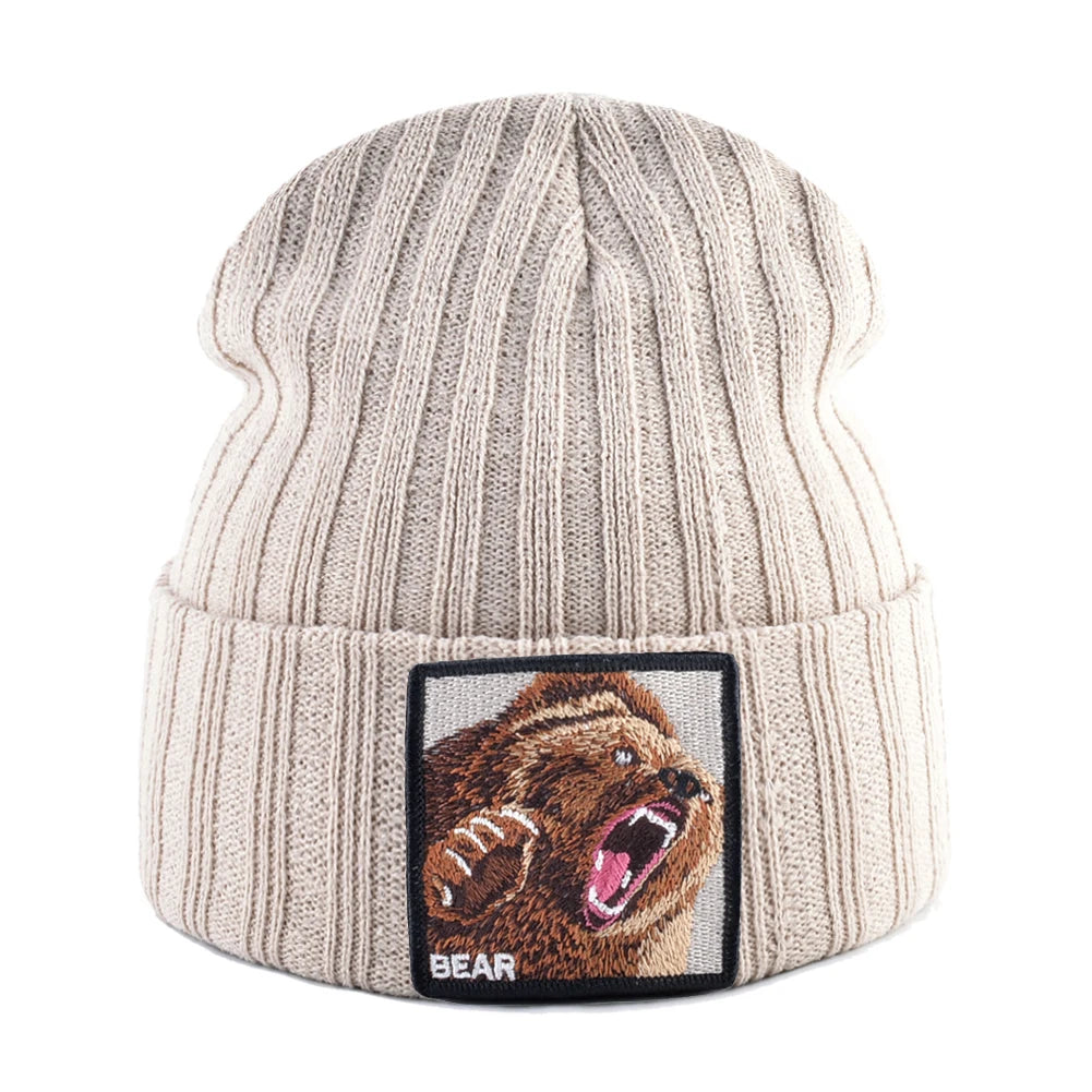 Embroidery Bear Knitted Beanies Hat Men Solid Color Autumn Winter Knitting Boy Skullies Caps Women Streetwear Kpop Gorras Bonnet