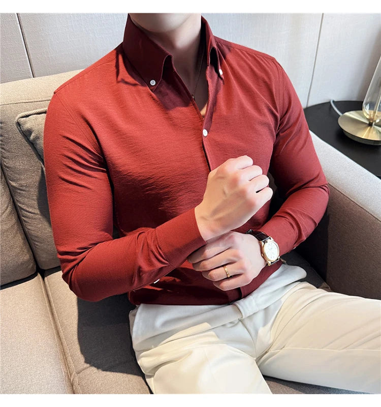 Long Sleeves Shirts for Men Light Thin Fashion Fold Process Wine Red Solid Casual Shirt Men Social Dress Shirt Slim Fit Tuxedo