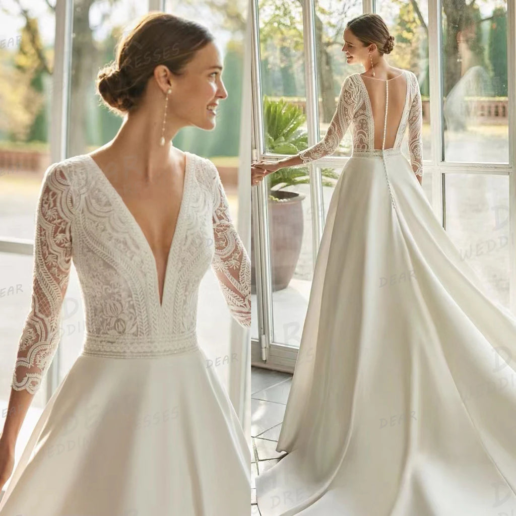 Elegant Wedding Dresses Women's Sexy V Neck Long Sleeve Backless Bridal Gowns Sweep Train Formal Vestidos De Novia Customized