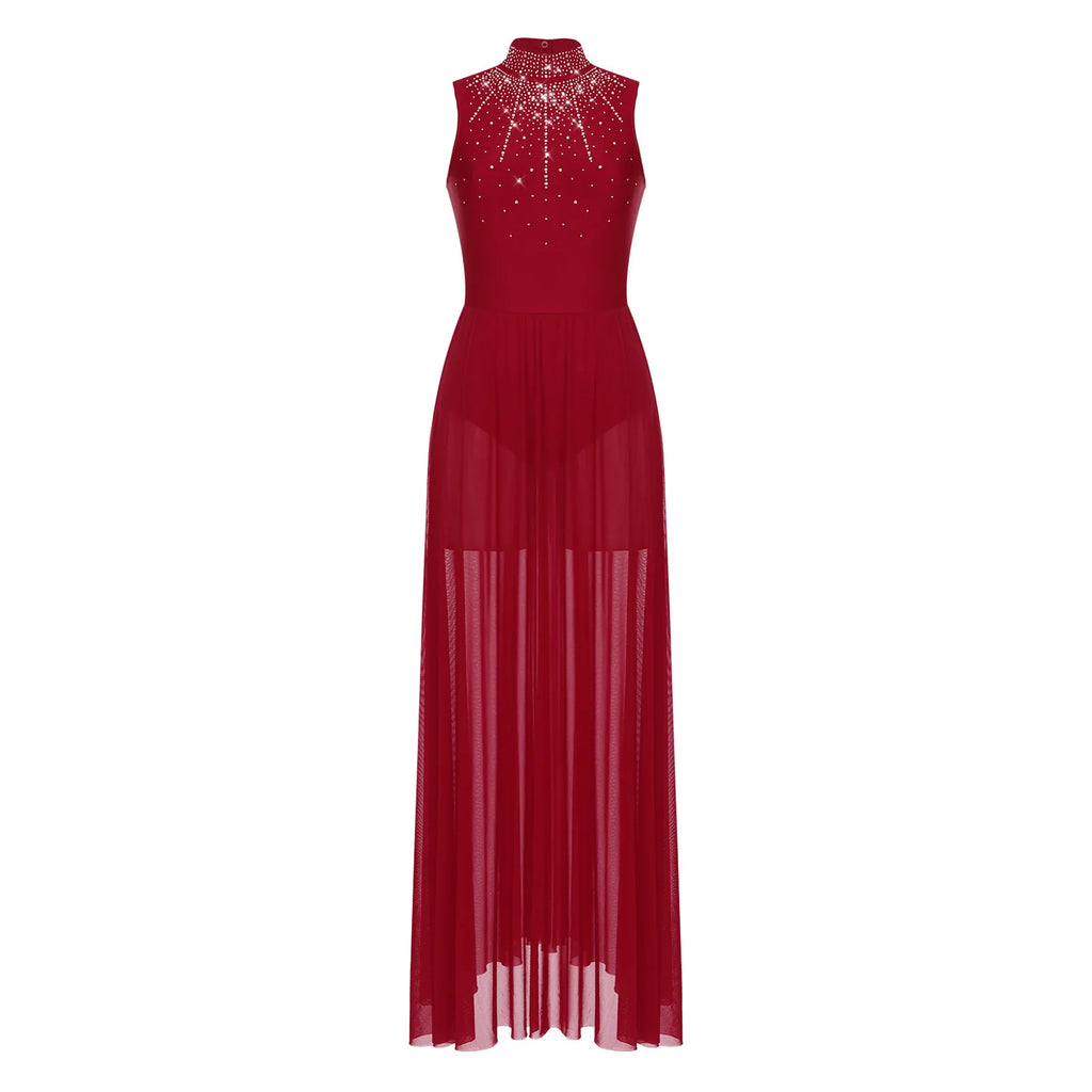 Womens Lyrical Dance Dresses Mock Neck Wide Hemline Shiny Rhinestones Maxi Dress Sleeveless Modern Contemporary Leotard Dresses