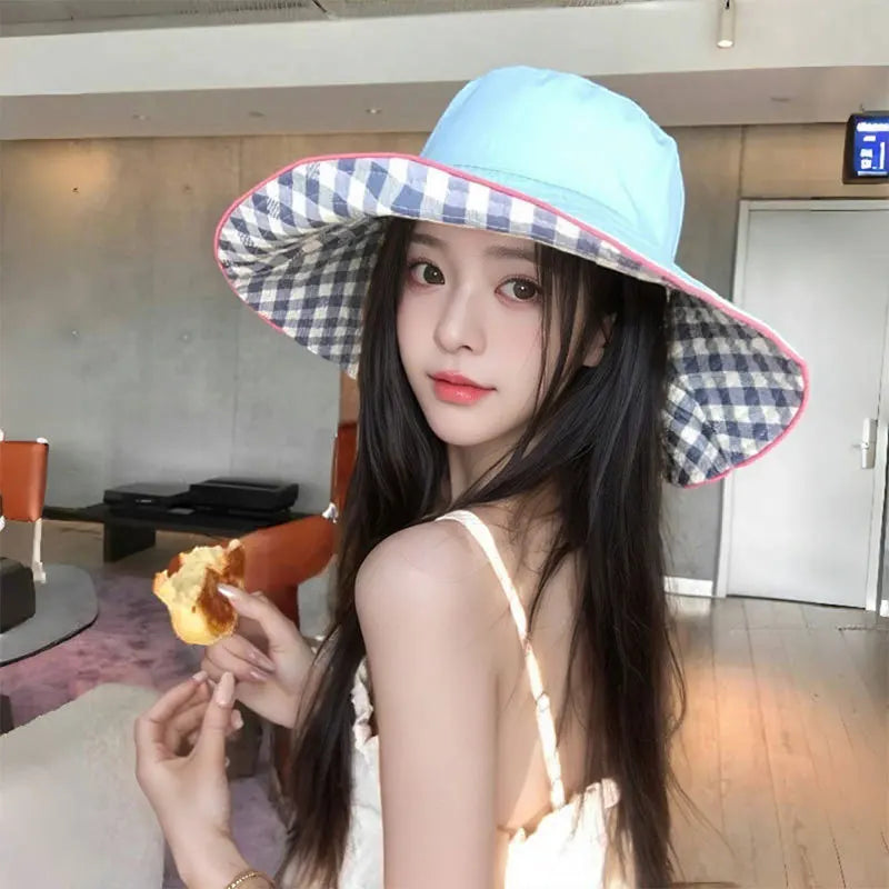 Women's Cute Hat Korean kawaii Checkered Fisherman's Hat Summer Sun Protection Shading Hat Big Head Double Basin Hat Funny Hat