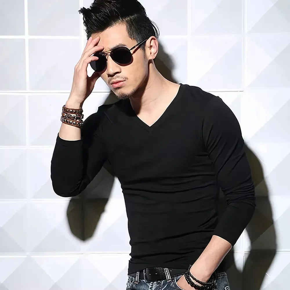 Men's T-Shirts Long Sleeve V Neck T Shirt 2025 MRMT Men Polyester T-Shirt Solid Color Slim Tight Man T Shirt For Male