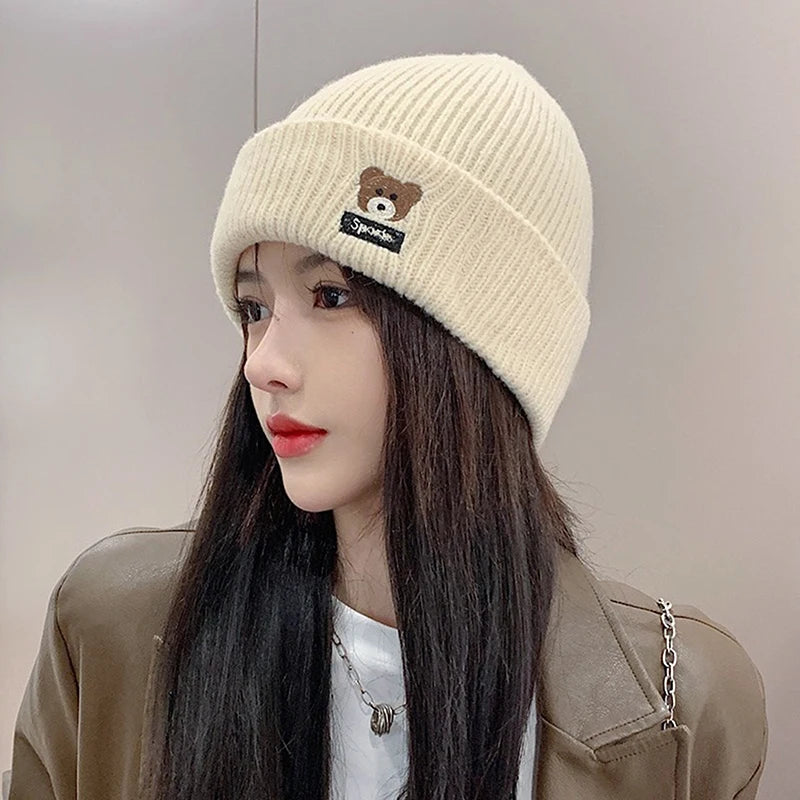 Bear Embroidery Knitted Beanies  Women Autumn Winter Warm Wool Hat Korean Girl Windproof Earmuffs Pullover Cap Bonnet〔CC55〕