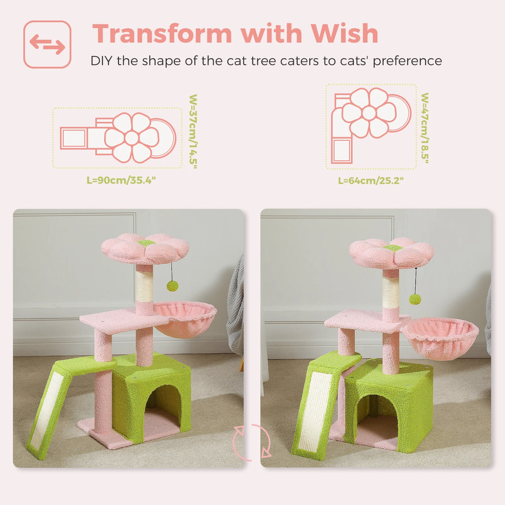 Flower Cat Tree for Indoor Small Cat Tower with Sisal Scratching Ramp Cozy Hammock and Removable Top Perch Cat Condo Kittens Toy