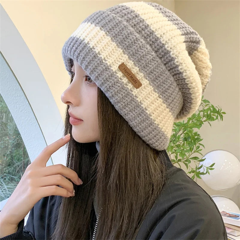 Winter Warm Hats For Women Casual Stacking Knitted Bonnet Caps Men Hats Stripe Hip Hop Unisex Female Beanies