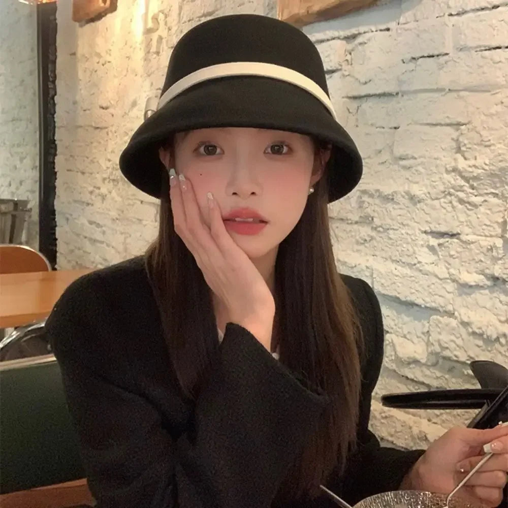 Retro Hepburnesque Felt Formal Hat Wealthy Heiress Style British Style Bowknot Bucket Hat Panama Cap Autumn