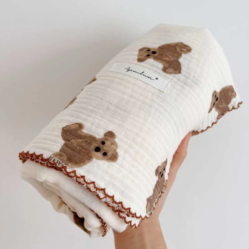 2-3 Layers Baby Blankets Bear Dots Print Cotton Gauze Muslin Swaddle Wrap Newborn Infant Bedding Sleeping Receving Blanket