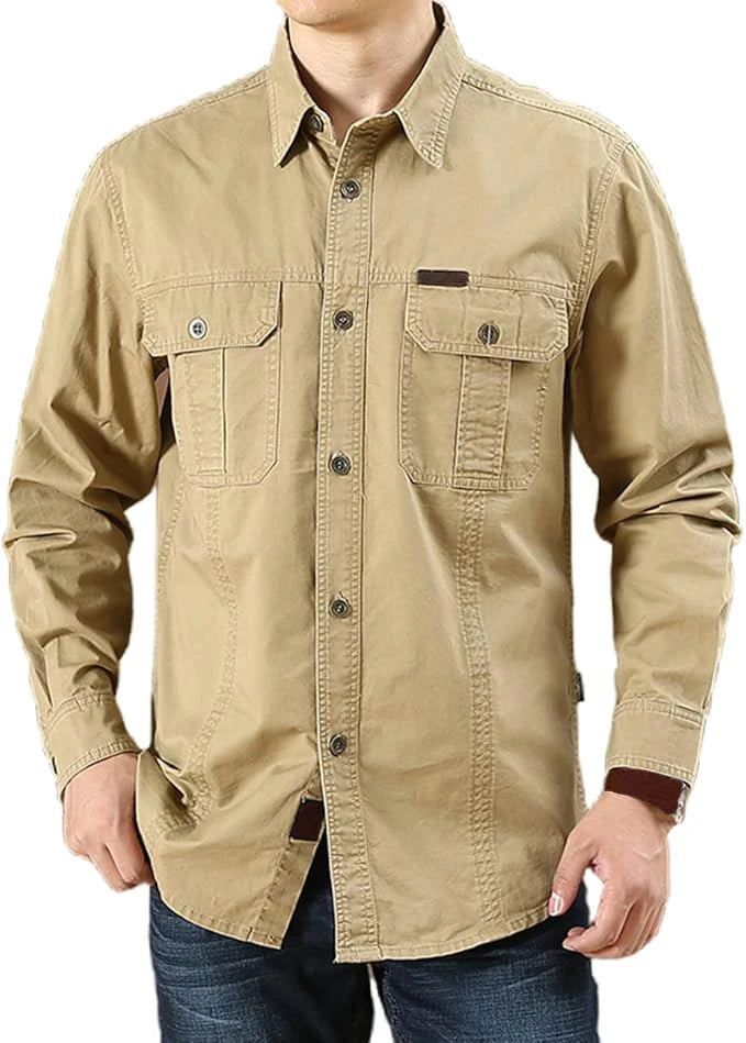 Men's Long Sleeve Cargo Shirt Casual Cotton Shirts Spring Autumn Button Down Pockets Sports Military Hiking Camping Shirt