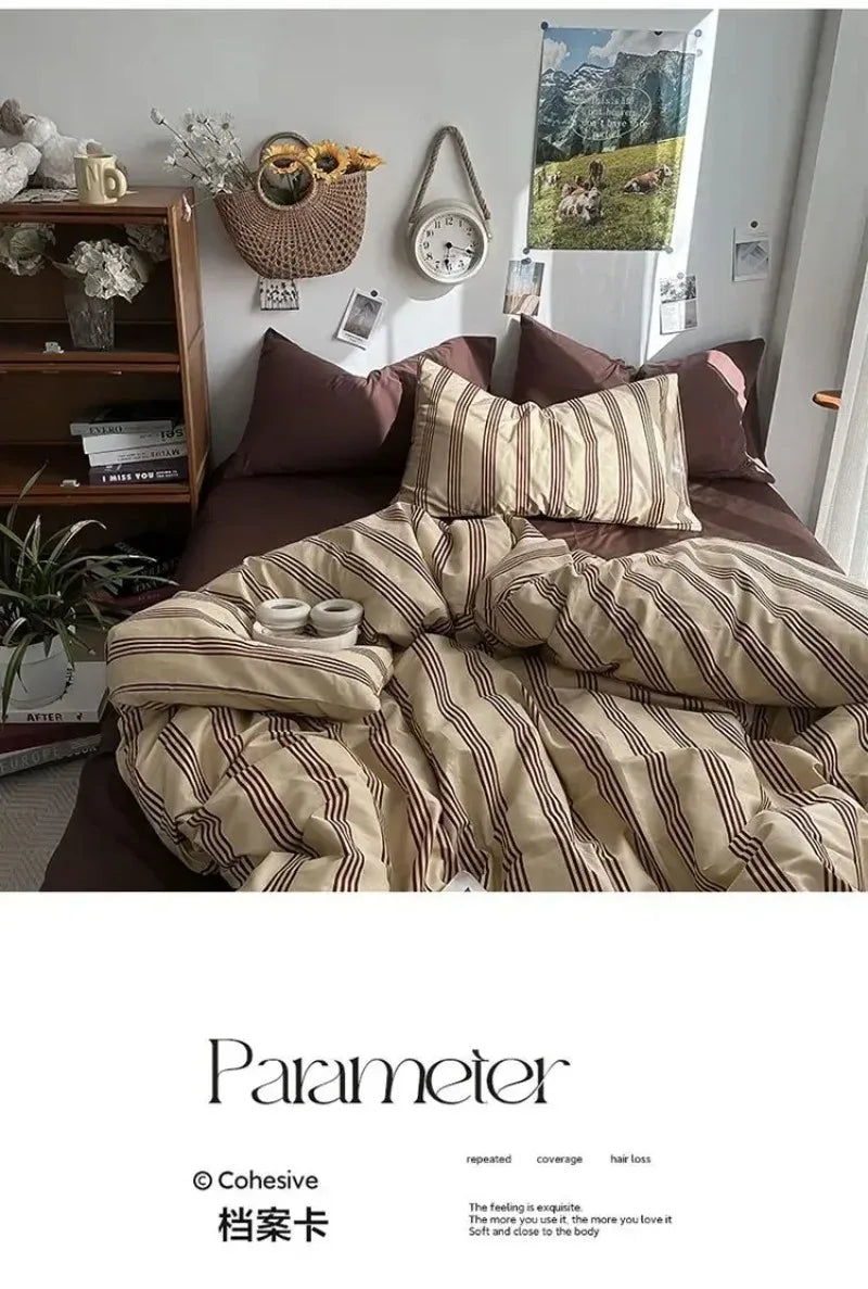 MissDeer Bedding Set Ins Ambiance Blue Coffee Grid Mixed With Washed Cotton Minimalist Four Piece Set Fitted Sheets Duvet Cover