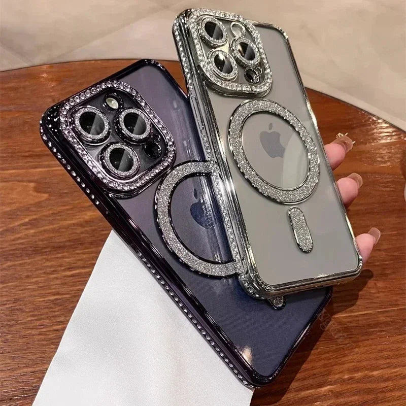 Fashion Girl Pink Crystal Glitter Transparent Magnetic Case For iPhone 16 15 11 12 13 14 Pro Max Wireless Charging Diamond Cover