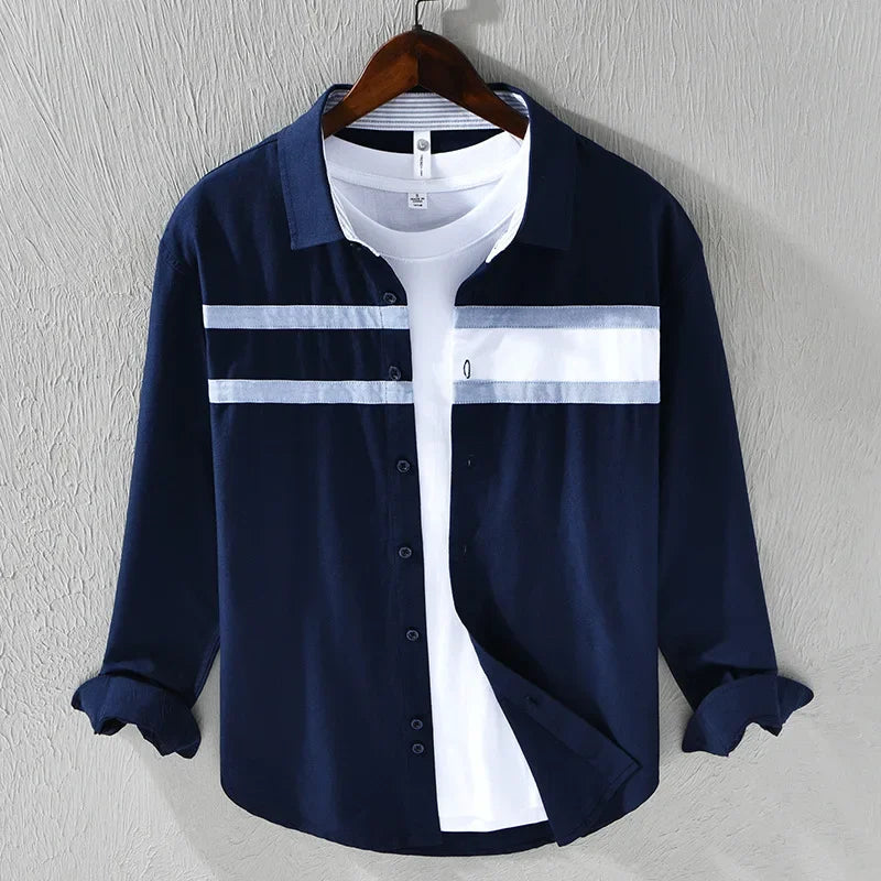 Japanese Fashion Mens Long Sleeve Shirts Spring Summer Daily Casual Pure Cotton Shirt Oxford Striped Patchwork Shirt Youth Tops