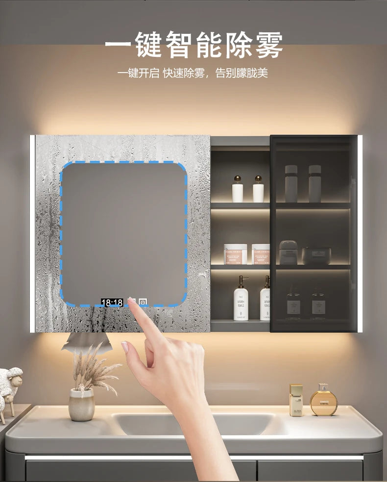 Bathroom Furniture Mirror Cabinet Modern Solid Wood Bathroom Smart with Light Defogging Beauty Mirror with Storage Locker