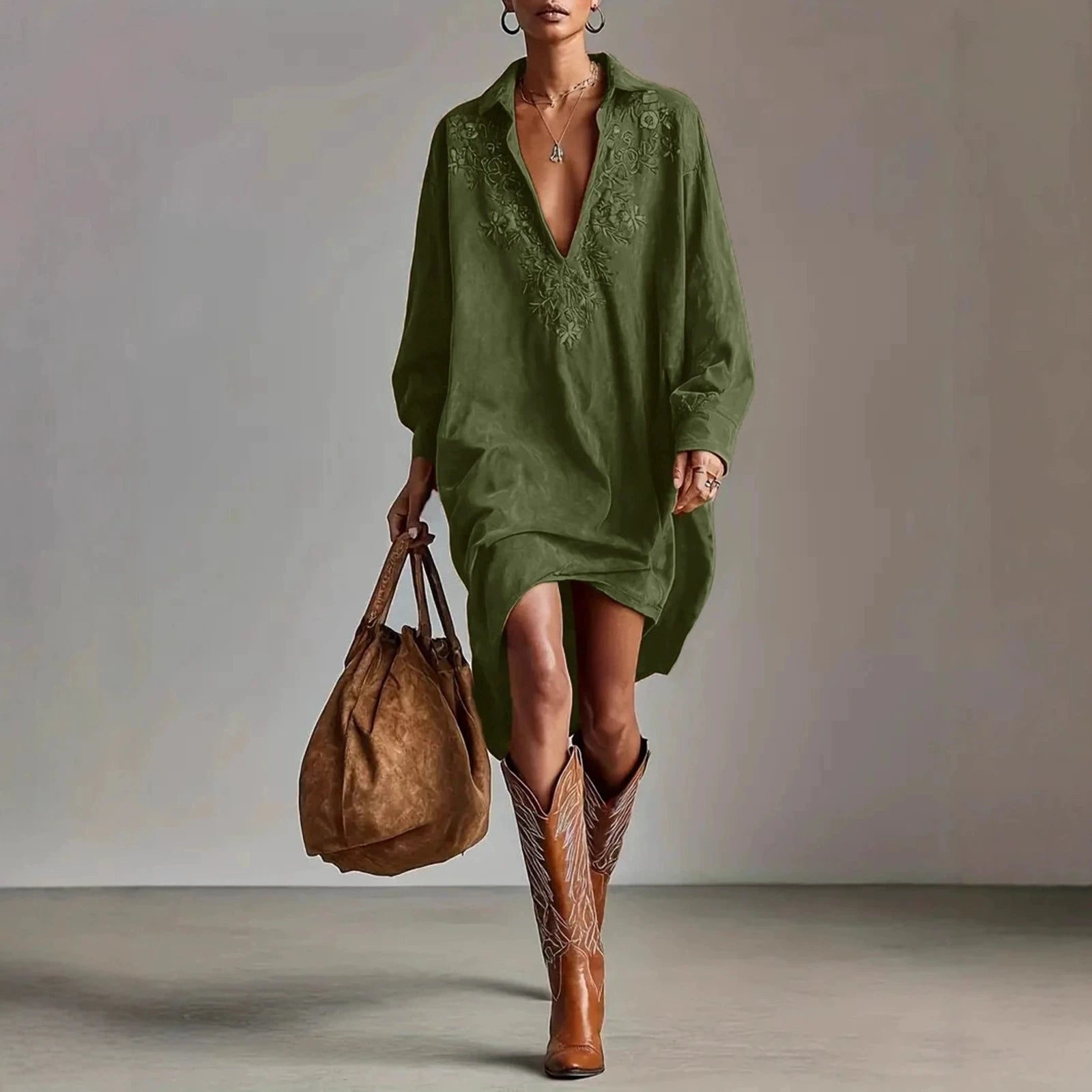 Dresses Womens Shirt Dress Terracotta Suede Embroidered High-Low Puff-Sleeve Bohemian Stylish Outfit Daily 2026 Trendy Vestido