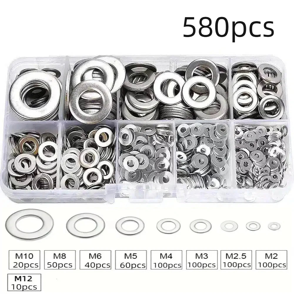 360/580pcs 304 Stainless Steel Flat Washers Set, Perfect For Home Decor, Factory Repair, Kitchens, Shops & More