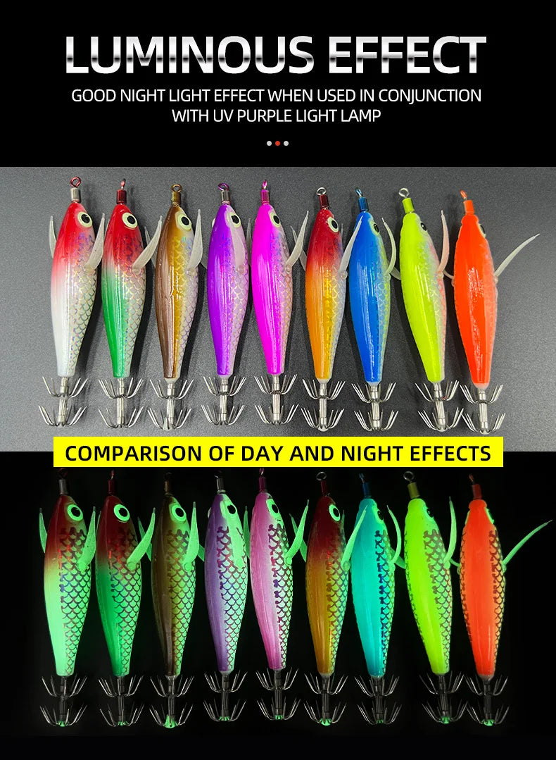 9pcs/page Glow Squid Jig Hook Saltwater Fishing Bait Artificial Egg Wood Shrimp Lures Sea Fishing Octopus Cuttlefish Squid Lure