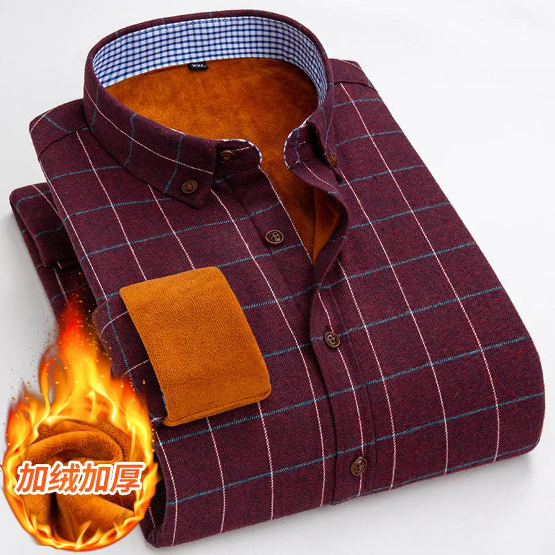 Longsleeve Shirts for Men 2025 Autumn Winter New Warm Plus Velvet Thick Cotton Lapel Casual Plaid Shirts Brand Mens Clothing