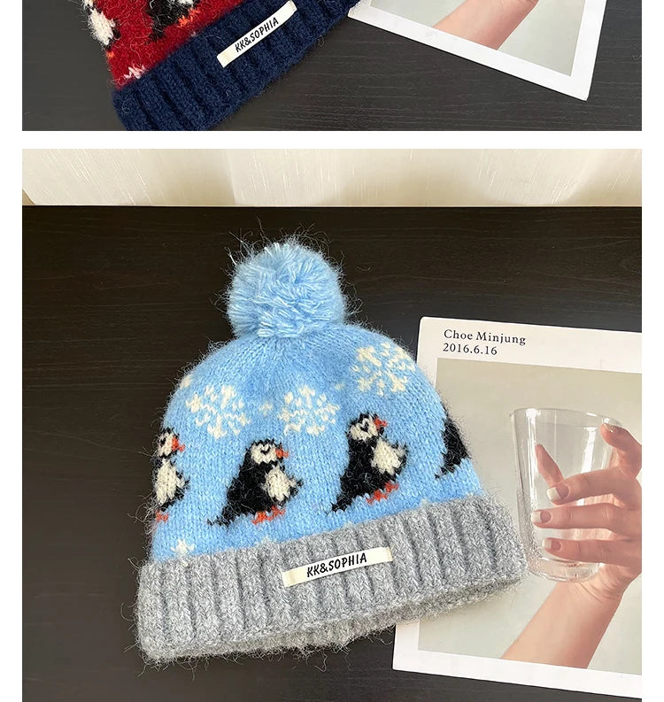 Cute Cartoon Jacquard Knitted Beanies for Women Winter Warm Ear Protection Versatile Show Face Small Retro Pom-pom Pullover Hat