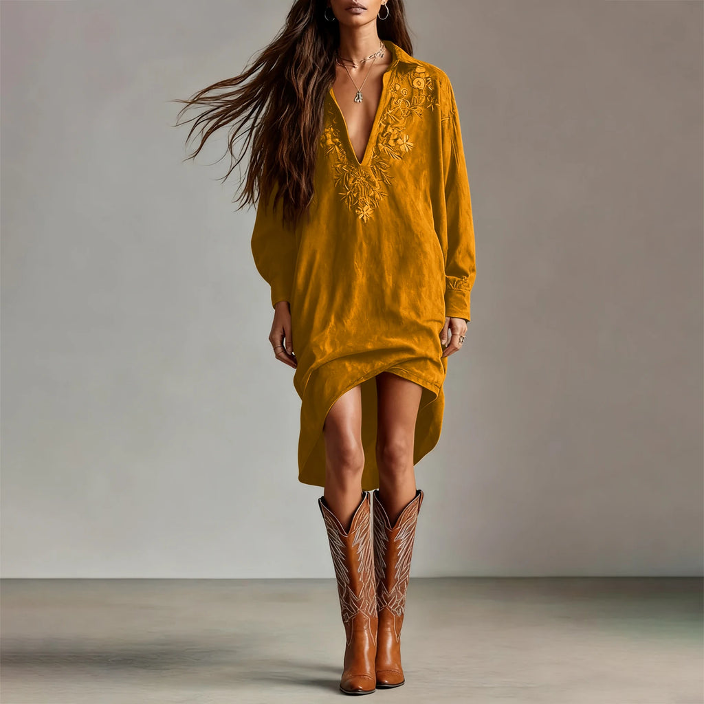 Dresses Womens Shirt Dress Terracotta Suede Embroidered High-Low Puff-Sleeve Bohemian Stylish Outfit Daily 2026 Trendy Vestido