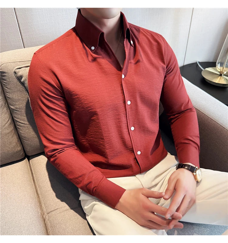 Long Sleeves Shirts for Men Light Thin Fashion Fold Process Wine Red Solid Casual Shirt Men Social Dress Shirt Slim Fit Tuxedo