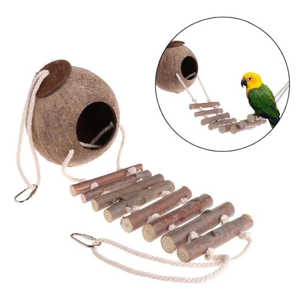 1 Pc Natural Coconut Shell Bird Nest Pet Bird Hanging Bird Nest Coconut Fiber Bird Nest Box With Ladder Pet Parrot Bird House