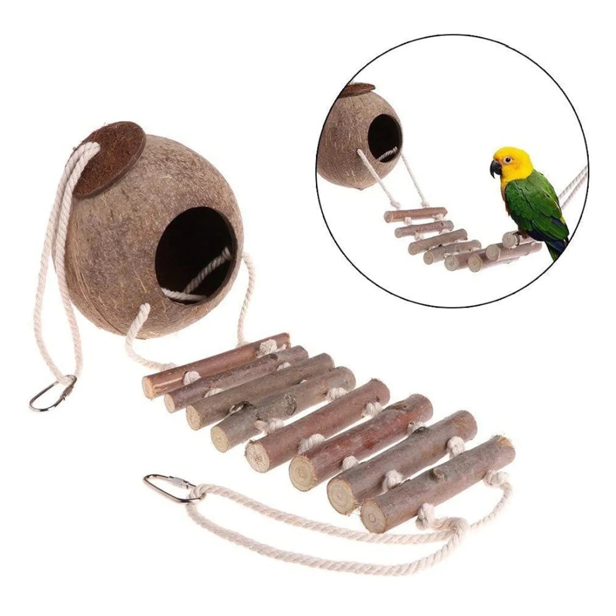 1 Pc Natural Coconut Shell Bird Nest Pet Bird Hanging Bird Nest Coconut Fiber Bird Nest Box With Ladder Pet Parrot Bird House