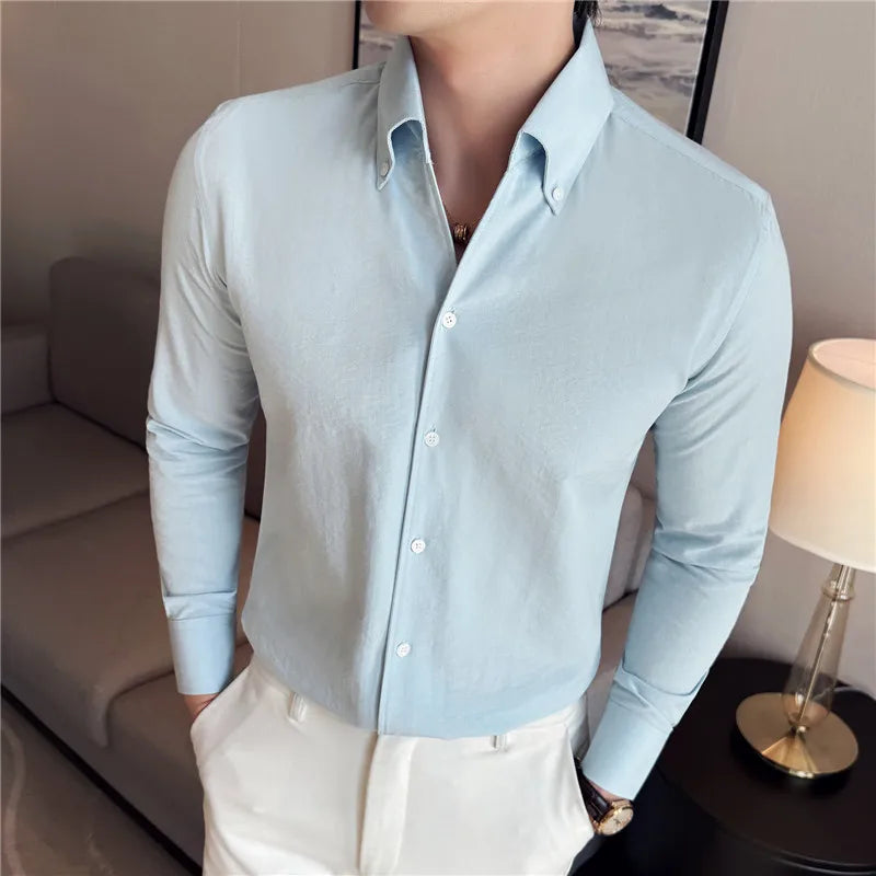 Long Sleeves Shirts for Men Light Thin Fashion Fold Process Wine Red Solid Casual Shirt Men Social Dress Shirt Slim Fit Tuxedo