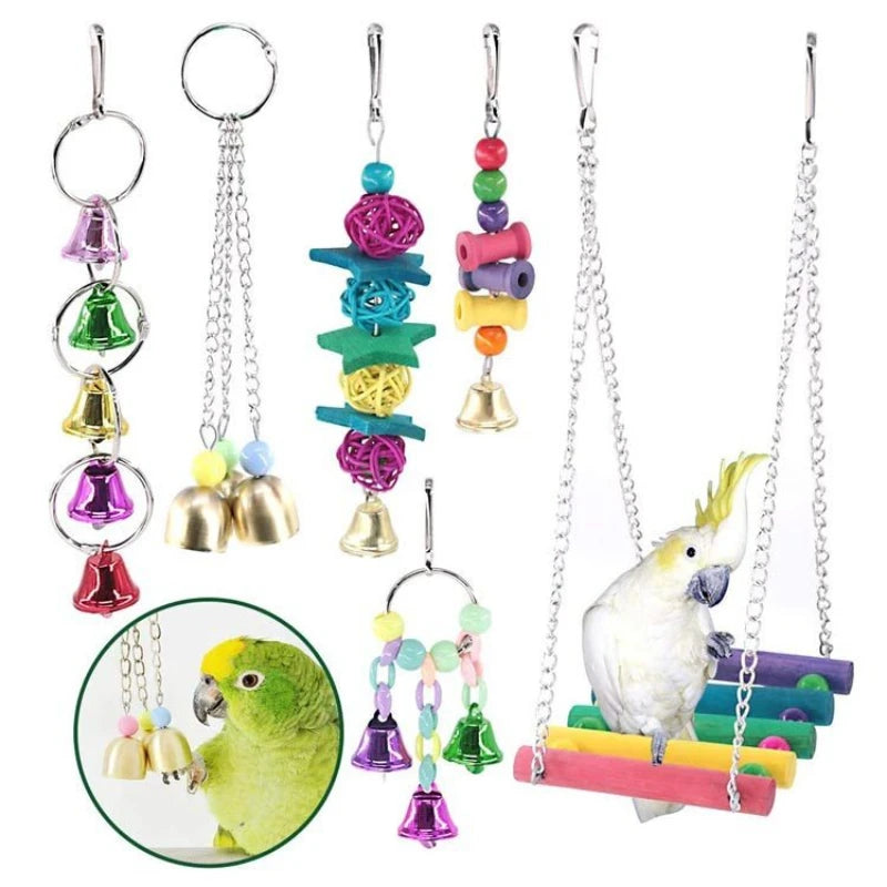 Bird Toy Wood Parrot Toys Set Cage Bird Accessories Swing Suspension Bridge Ball Cage Bells Pet Supplies juguetes para pájaros
