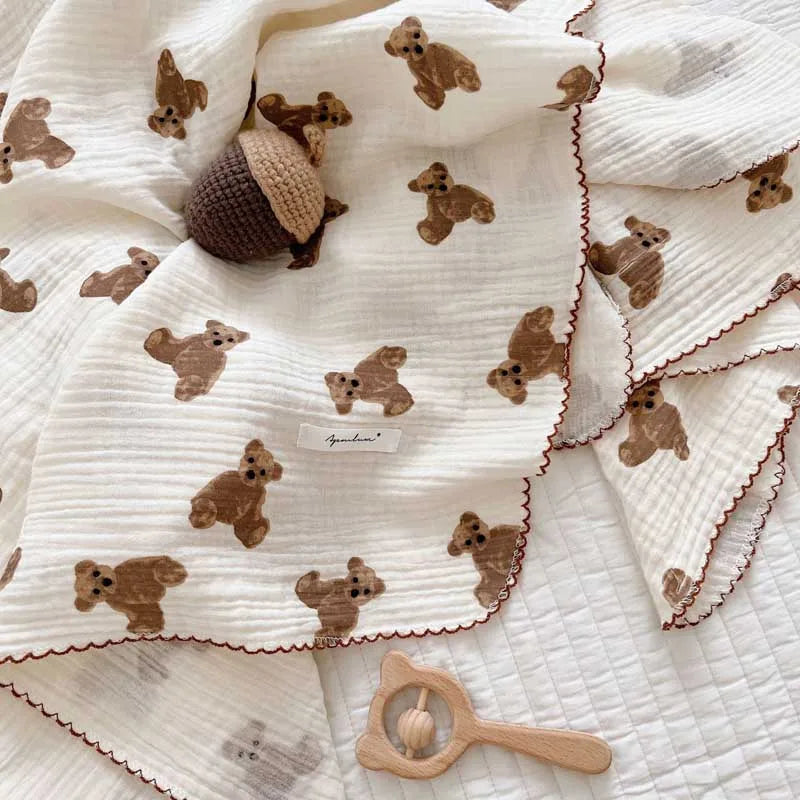 2-3 Layers Baby Blankets Bear Dots Print Cotton Gauze Muslin Swaddle Wrap Newborn Infant Bedding Sleeping Receving Blanket