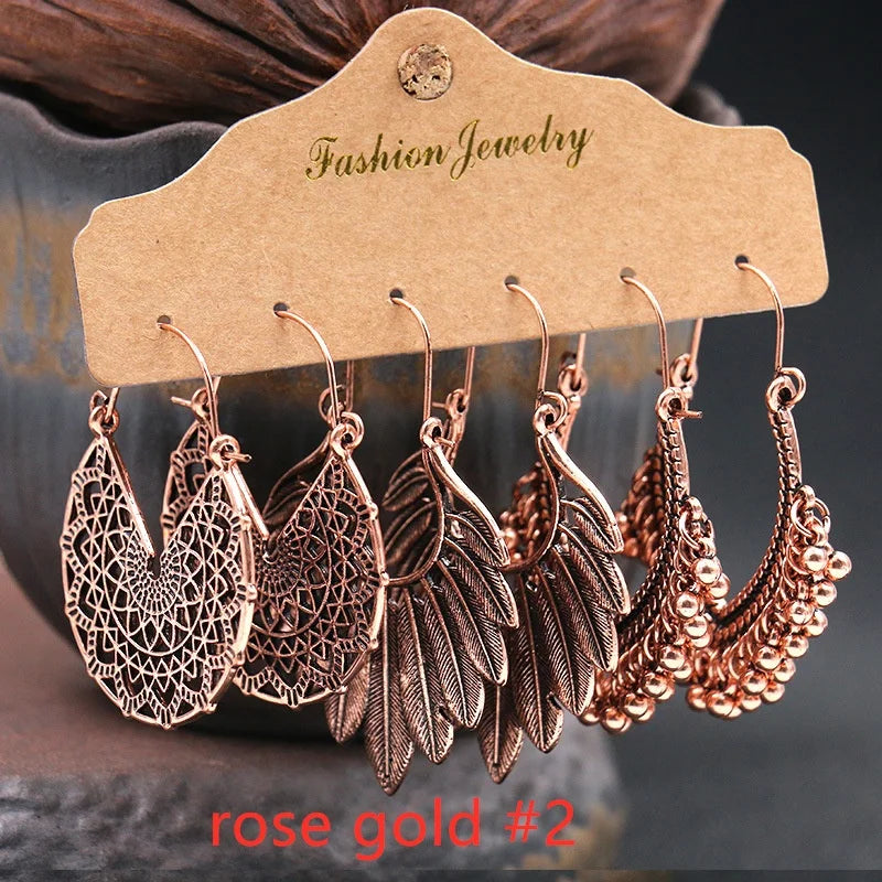 3Pairs Women's Fashion Jewelry Vintage Bohemian Ethnic Carved Dangle Earrings for Women Wedding Engagement Party Banquet Earring