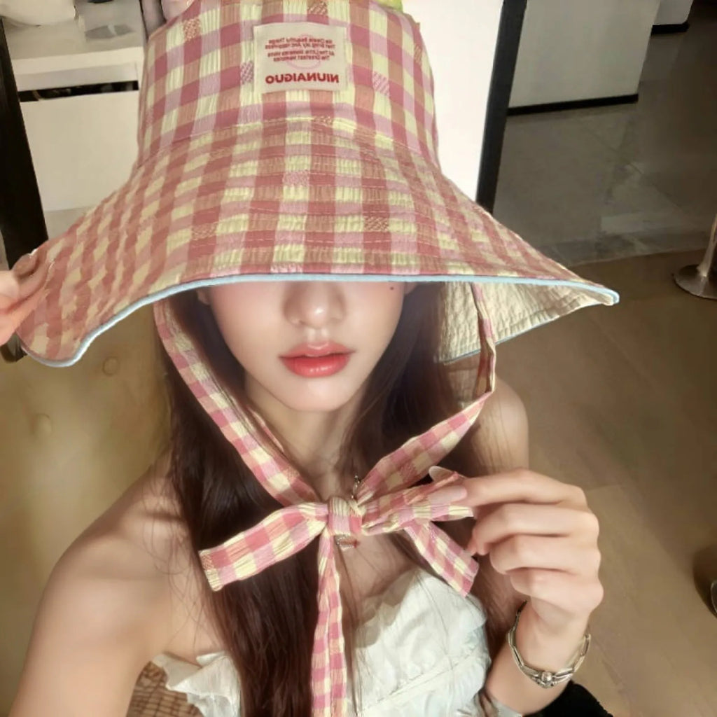 Women's Cute Hat Korean kawaii Checkered Fisherman's Hat Summer Sun Protection Shading Hat Big Head Double Basin Hat Funny Hat