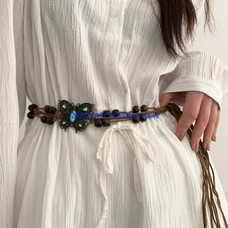 E21F Brown Belt with Beads Butterflies Vintage Tassel Cotton Rope Waist Chain Woven Waist Belts for Dress Party Dance Show