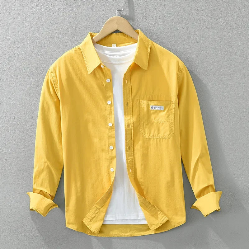 Japanese Fresh Mens Long Sleeve Shirts Spring Summer Daily Casual Man Shirts Lapel Pocket Yellow Shirt Pure Cotton Top Simple