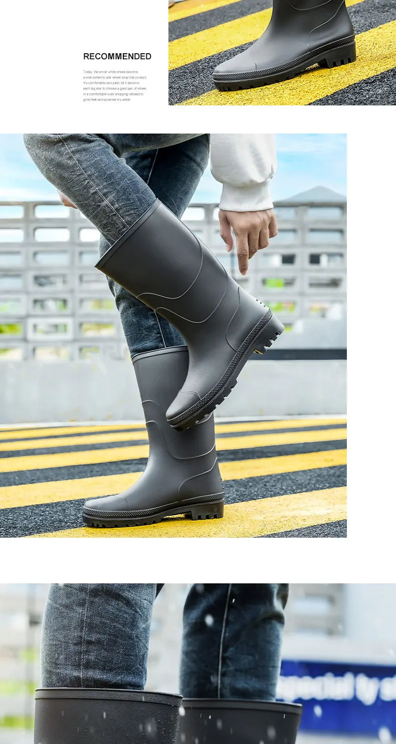 Men's High-Top Rain Boots, Black, Non-Slip, Waterproof, Wear-Resistant, Outdoor Boating, Fishing, Long-Tube Water Shoes, Farm Work Rain Boots