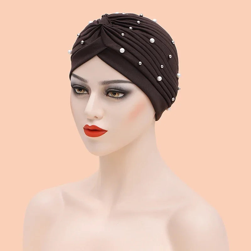 India Hat Hijabs Cap African Headwrap Ladies Head Wraps Women Beaded Turban Bonnet Soild Color Cotton Turban Hat Inner Hijab Cap
